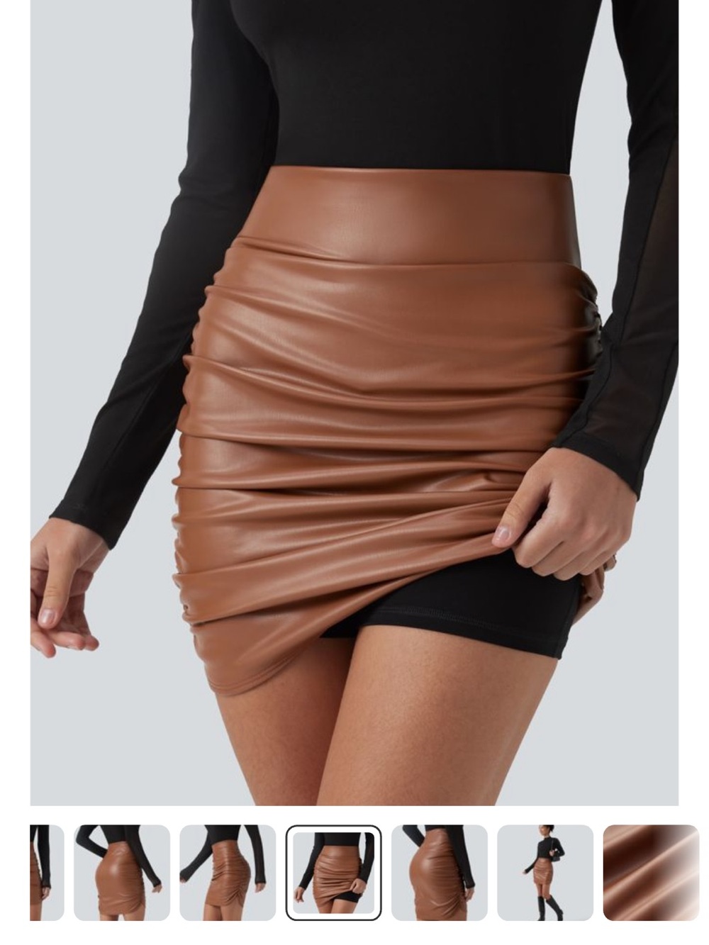 HALARA Brown Faux Leather Ruched Mini Skirt